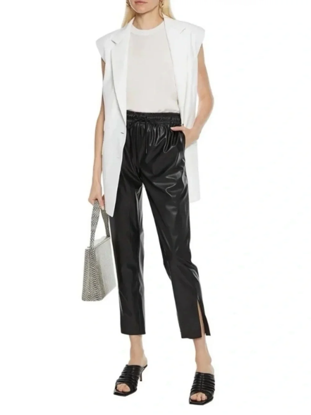 THEORY Slit Pull-On Pant in Paper Faux Vegan Leather Mobwife in Black Size 8